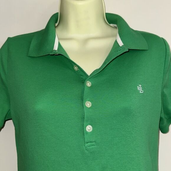 Lauren Ralph Lauren Green Fitted Button Down Short Sleeve Cotton Polo Shirt - Picture 2 of 8